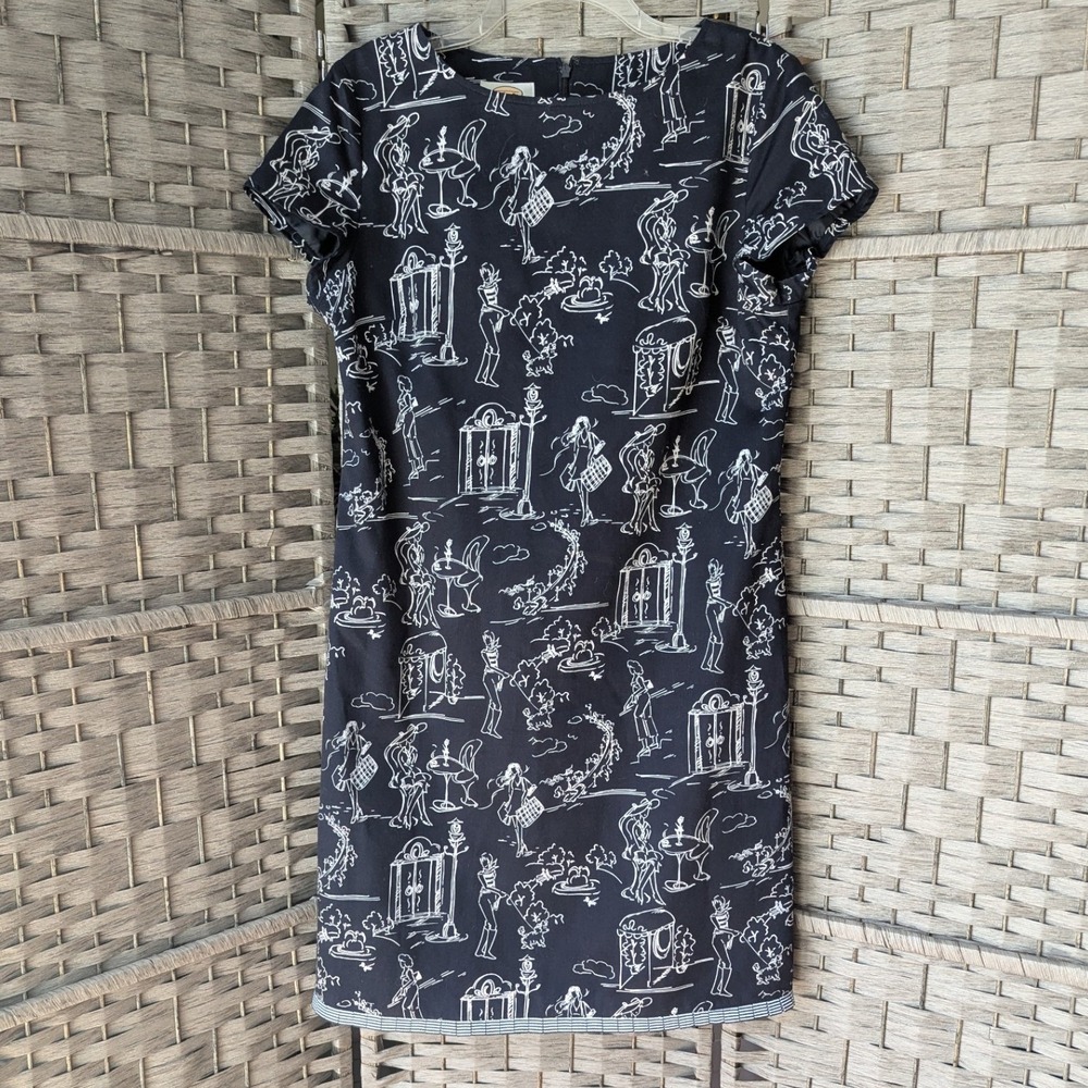 Vtg Talbots Shift Dress Navy Blue White Parisian Novelty Print Cap Sleeve Sz 12